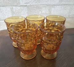 5 Vintage Indiana Glass Whitehall Colony Cubist Amber Footed Glasses 4 1/2″