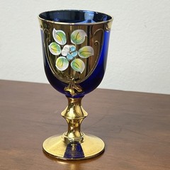 Vintage Cobalt Blue Gold Gilt Enamel Floral Goblet Wine Cordial Glass 4”