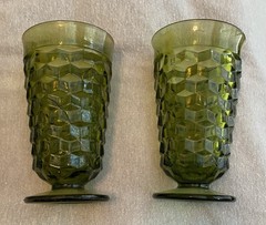 Vintage Indiana Glass Whitehall Colony Cubist Avocado Green Footed Glasses Set 4