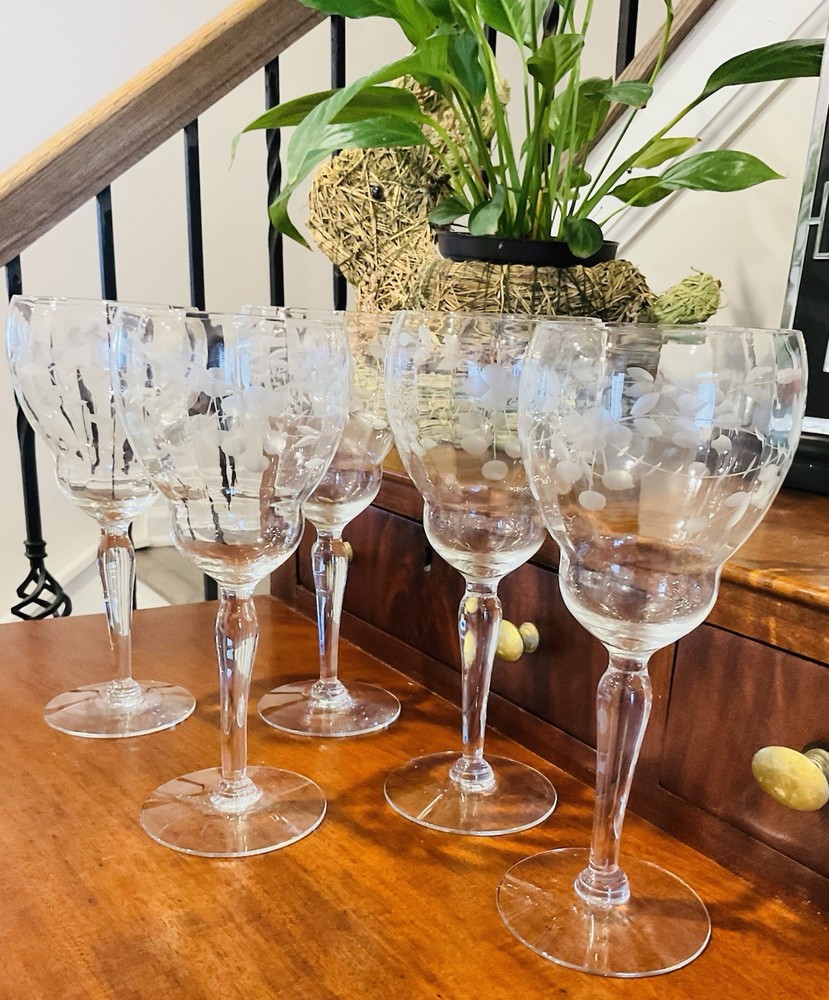 Vintage Weston Crystal Cut Floral Optic Bowl Wine Glass 7 7/8 Set Of 5