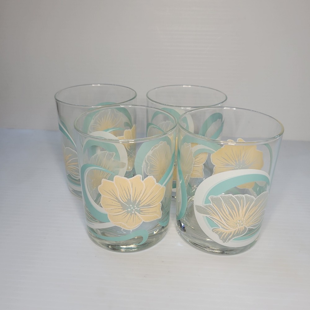 Culver Double Old Fasioned Rocks Glass Set Of 4 Pastel Floral Hibiscus vtg