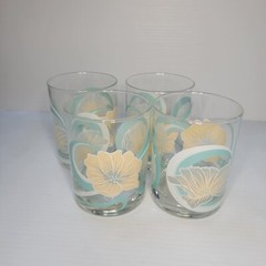 Culver Double Old Fasioned Rocks Glass Set Of 4 Pastel Floral Hibiscus vtg