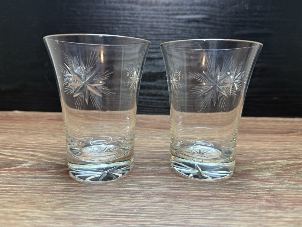 2 Vintage Fostoria “Sunburst” Atomic Star Flared Top Flat Bottom Juice Glass 4″