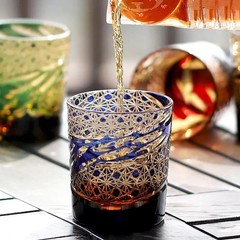Luxury Edo Kiriko Hand Cut Crystal Whiskey Glass Black Amber Carved Tumbler 9oz