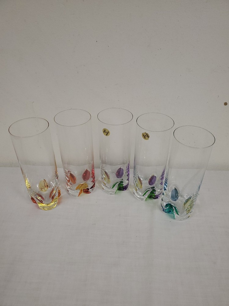 France Crystal Tumblers (5) Colored Projection Kaleidoscope Base 6 3/4″