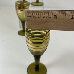 4 Green Tone Sherry Glasses w Gold Stripe Trim 5” Vintage