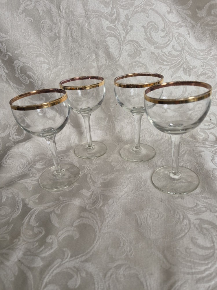 VTG Clear Bowl Crystal Small Wine/Cordial Glass w/Gold Trim, Set Of 4