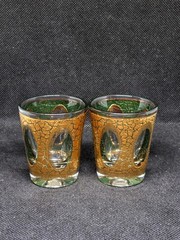 Vintage Culver Pisa 22K Gold MCM Shot Glass Set Of 2 with Emerald Green Interior