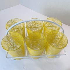 Vtg MCM Yellow Spaghetti String Rubber Coated Drink Glasses SET OF 6 – W/Carrier