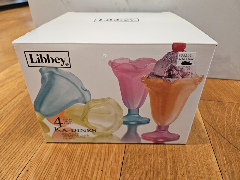 New Libbey Ka-Dinks Frosted Sundae Ice Cream Parfait Footed Glasses Set of 4