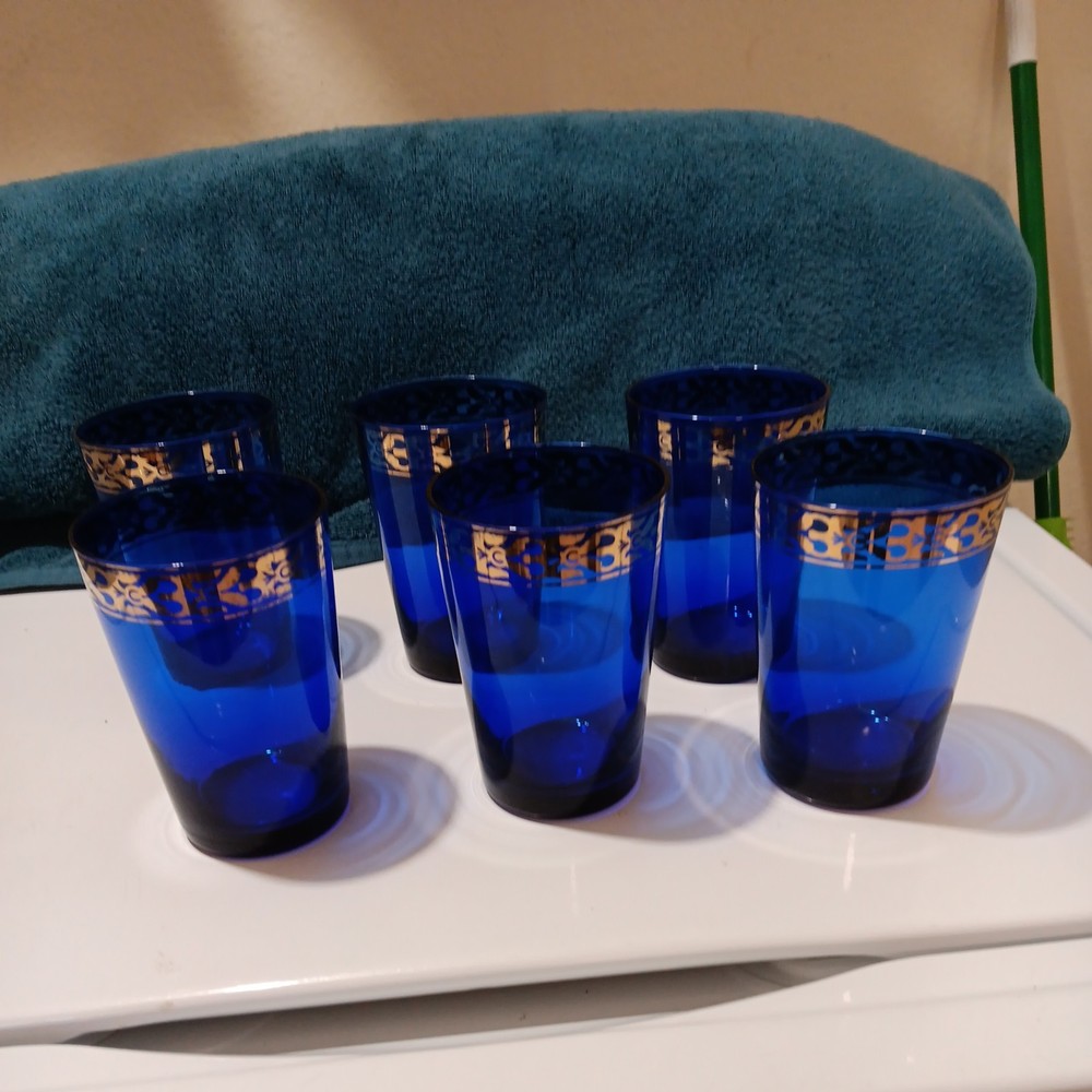 6MCM Venetianco Cobalt Blue Gold Rim Hand Painted Glasses