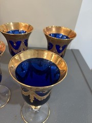 VTG Horchow Italian Cobalt Blue Crystal 4 Wine Water Goblets 6.25″ 24K Gold Trim