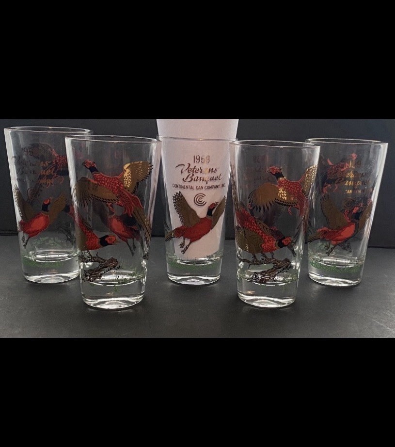 HAZEL ATLAS VINTAGE HIGHBALL PHEASANT GLASSES SET OF 5 1964 VETERANS BANQUET MCM