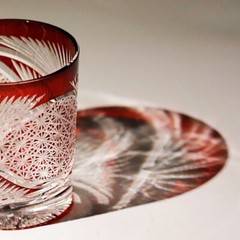 Edo Kiriko Hand Cut Whiskey Glasses 9oz Red Blue Set Of 2 Pieces Wedding Gift