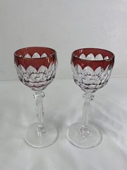 Pair Of Bohemian Crystal Cut To Clear Ruby Red And Amethyst Purple Cordial Glass