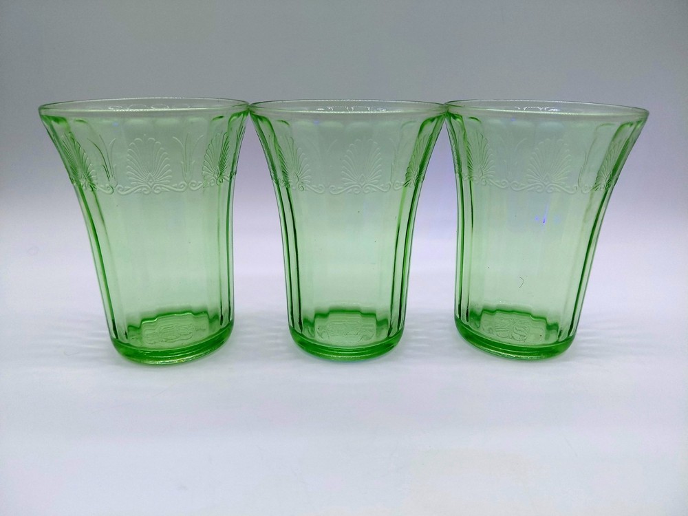 3 Vintage Green Uranium Depression Glass Patrician Spoke 4.25″ Water Tumblers