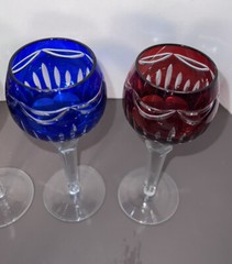 Four (4) Bohemian Cobalt Cut to Clear 8 3/8″ Wine Hock Glass / Goblet / Stem