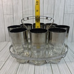 Silver Rim Highball Glasses 8pc W/ Chrome Carrier MCM Dorothy Thorpe