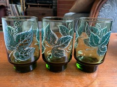 3 Vtg~Libbey~Avocado Green~Raised/Textured Ivy Leaves~10oz~ No Chips