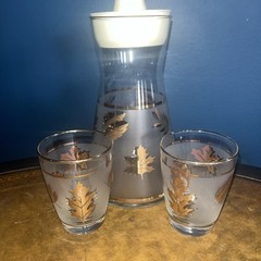 VTG Set LIBBEY GOLD LEAF Autumn CARAFE w/LID + 2 juice glasses MCM