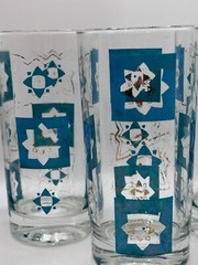 4 Mid Century Retro Modern Blue and Gold Highball Cocktail Drinking Glasses mcm