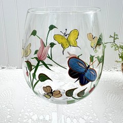 Lenox Set of 6 Butterfly Meadow Collection Clear Glass Wine Goblets Handpainted