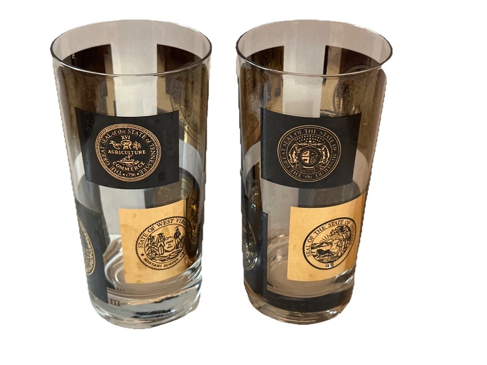Vintage Black Gold Cera Glass State Seals Highballs Tumblers Set Of 2 MCM 60’s