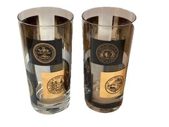 Vintage Black Gold Cera Glass State Seals Highballs Tumblers Set Of 2 MCM 60’s