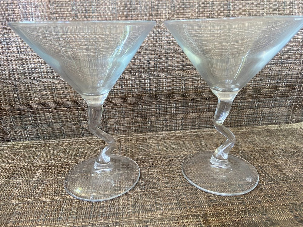 2 Zig Zag Stem Clear Martini Glasses EUC