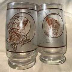 2 Vintage Anchor Hocking Drinking Glasses Floral Roses Butterfly Transfer