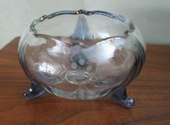 Lancaster Glass Petal Blue Flashed Cut Rose Bowl Scrolled Foot