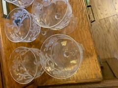 SET OF NINE VINTAGE BEAUTIFUL ETCHED DESSERT OR LIQUEUR GLASSES & FREE SHIPPING