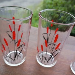6 Hand Painted Cattail 3 3/4″ 4 oz. Water Glass Tumblers Original Vintage Lot
