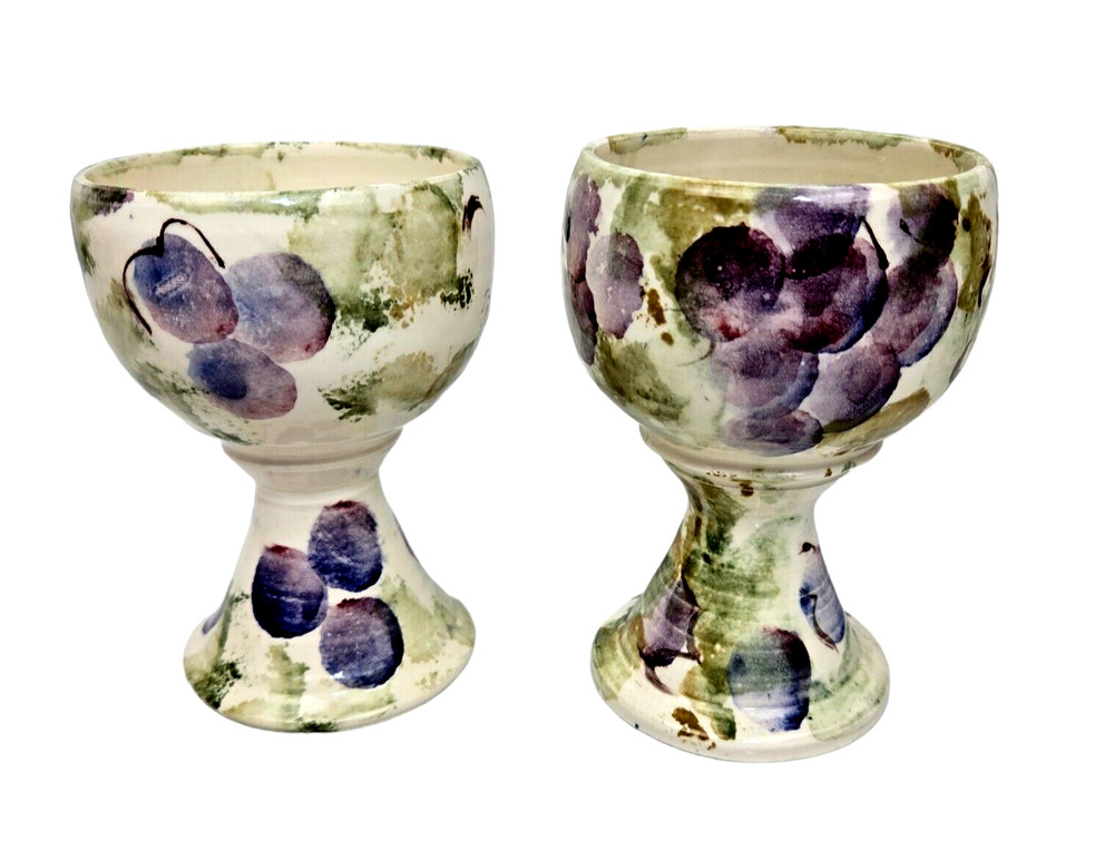 Studio Art Pottery Wine Goblet Chalice Cup Grape & Leaf Hand Painted Set of 2