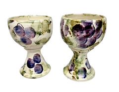 Studio Art Pottery Wine Goblet Chalice Cup Grape & Leaf Hand Painted Set of 2