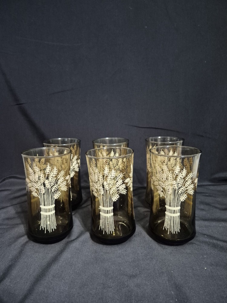 BROWN FALL AUTUMN LIBBEY FRAMCO WHEAT SHEAF PATTERN GLASSES VINTAGE LOT OF 6