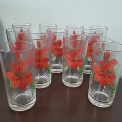 11 Vtg Mary Goertzen Block Pointsetta Glass Set Made In Portugal w Floral Case