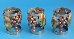 VINTAGE 3 HAND CRAFTED MIXED METALS GRAPES LEAVES HOLDERS GLASSES TAXCO MEXICO