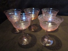 Antique HC Fry Glass Set 5 Pink Goblets Needle-Etch Ribbed Paneled 1920s