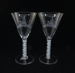 Beautiful Antique Air Twist Stem & Etched Glass Stemware: 2 Wine Glasses 7 7/8″t