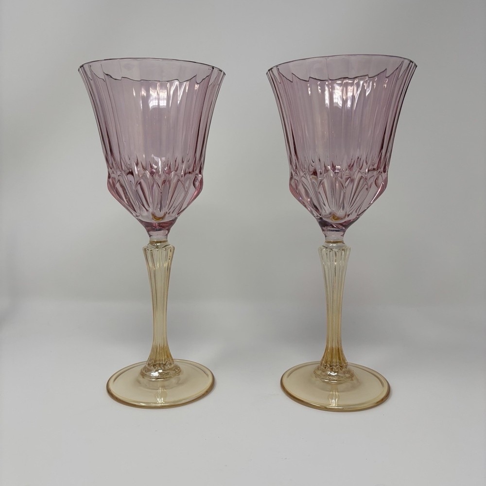 Pair of Italian Blown Glass Wine Goblets Pink Glass Bowl Gold Stem