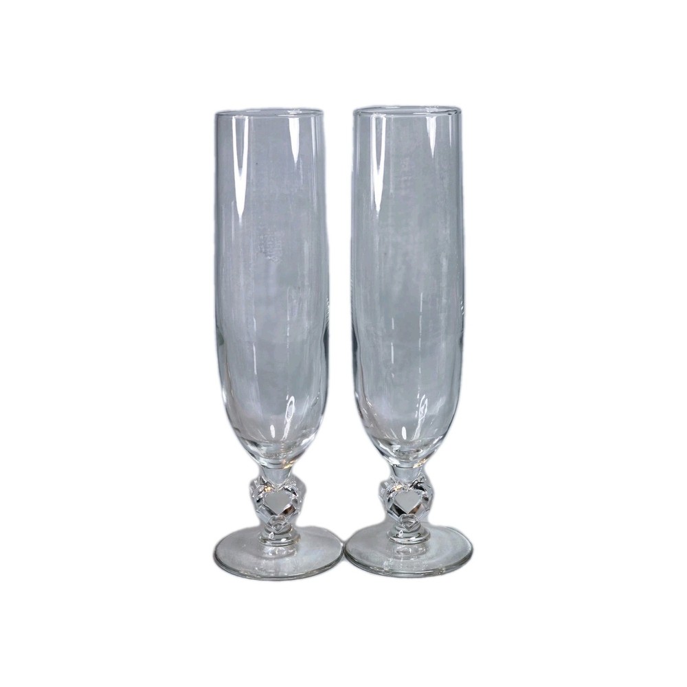 2) Libbey Glass Romance Champagne Flutes 9″ cut glass Heart shaped stem