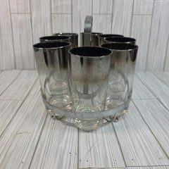Silver Rim Highball Glasses 8pc W/ Chrome Carrier MCM Dorothy Thorpe