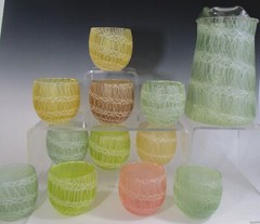 Vintage MCM Spaghetti String Pitcher & 11 Roly Poly Glasses Collectible SET 12