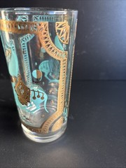 (4) Fred Press Signed Turquoise Trojan Horse Highball Gold Gilded Glasses MCM