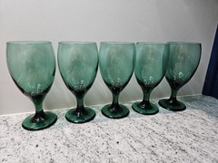 Vintage Libbey Juniper Teardrop Green Glass Goblets Set of 5