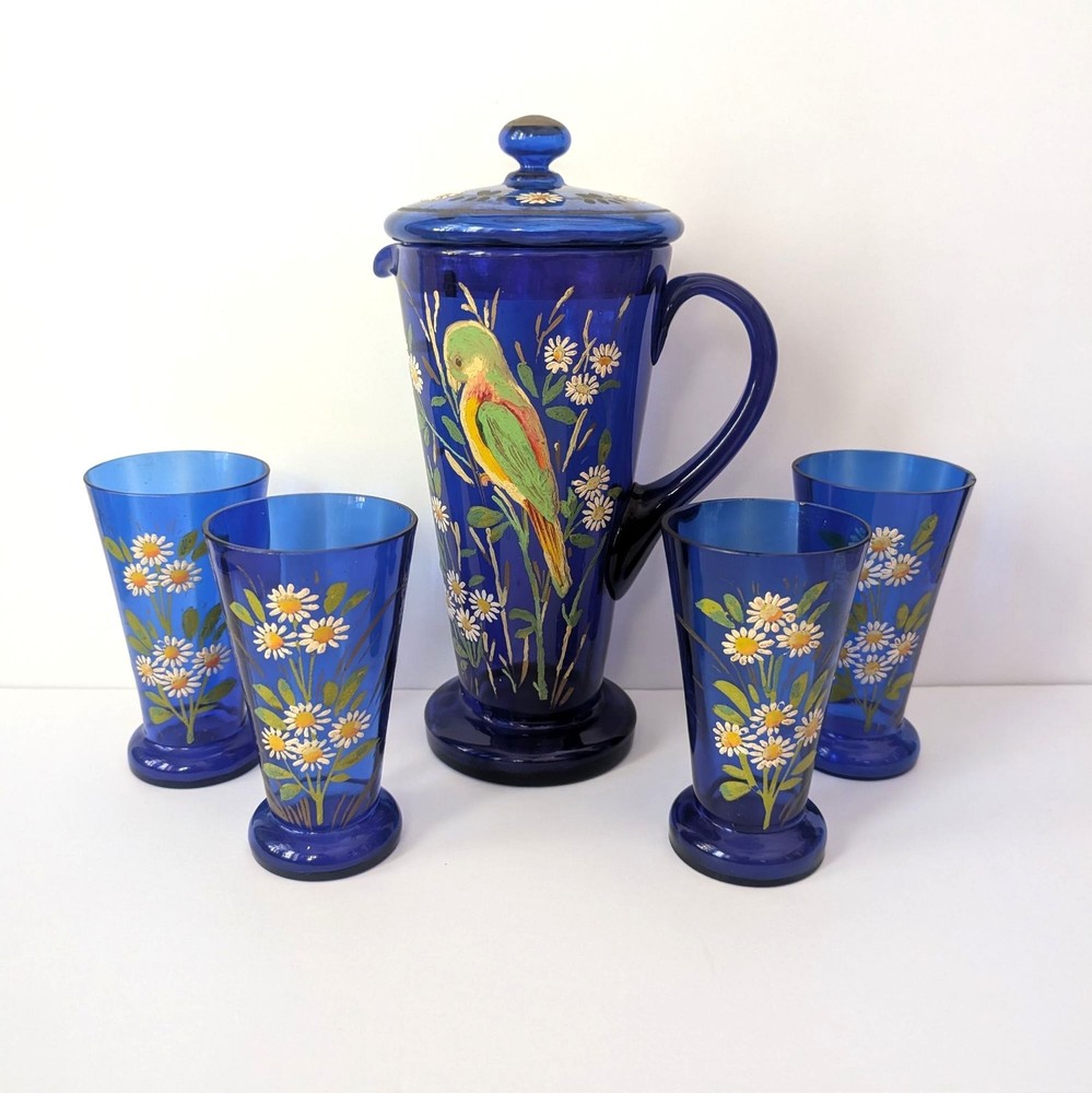 Antique Bohemian Czech Cobalt Blue Glass Pitcher Tumbler Set Parrot Bird Flowers