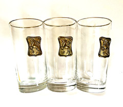 Vintage MCM Libbey Glass Crown Collection Gold Unicorn Medallion Tumblers Set 3
