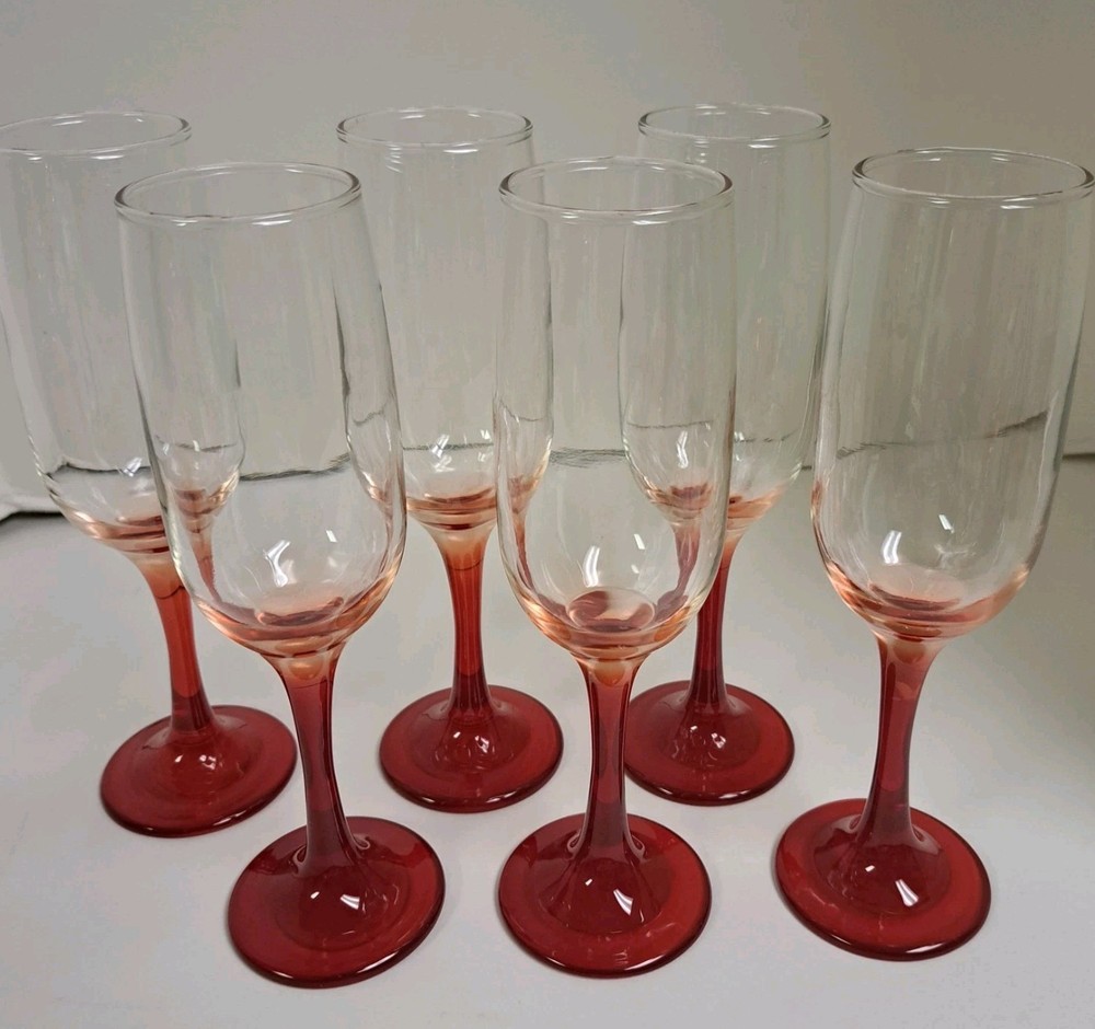 6 Champagne Flutes Glass Red Stem Ombre Epure Made In KSA