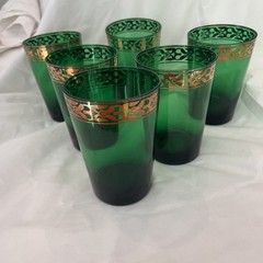 6 Pier 1 Flat Tumblers P1C73 Green Blown Glass 4.75” Gold Accent RETIRED